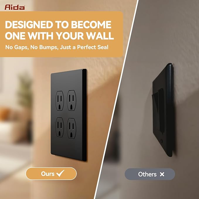 AIDA 2-Gang Screwless Wall Plates - Mid-Size Thermoplastic Cover for Duplex & Combo Receptacles and Toggle Switches - Unbreakable & UL Listed - 4 Pack,Matte Black