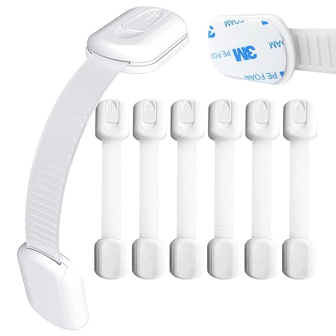 Baby Safety Locks | Child Proof Cabinets, Drawers, Appliances, Toilet Seat, Fridge & Oven | Tools Not Required | Uses 3M Adhesive with Adjustable Strap and Latch System (24-Pack, White)