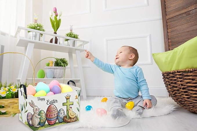 Sanjiaofen Rectangular Easter Baskets, Eggs Basket for Kids.Bunny Basket with Handles.Boys and Girls,Bunny Eggs Decor,Books,( Easter