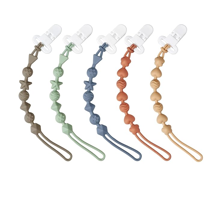 PandaEar 5 Pack Silicone Pacifier Clips, Pacifier Holder with One Piece Design for Baby Boys & Girls, Teething Toys Teethers