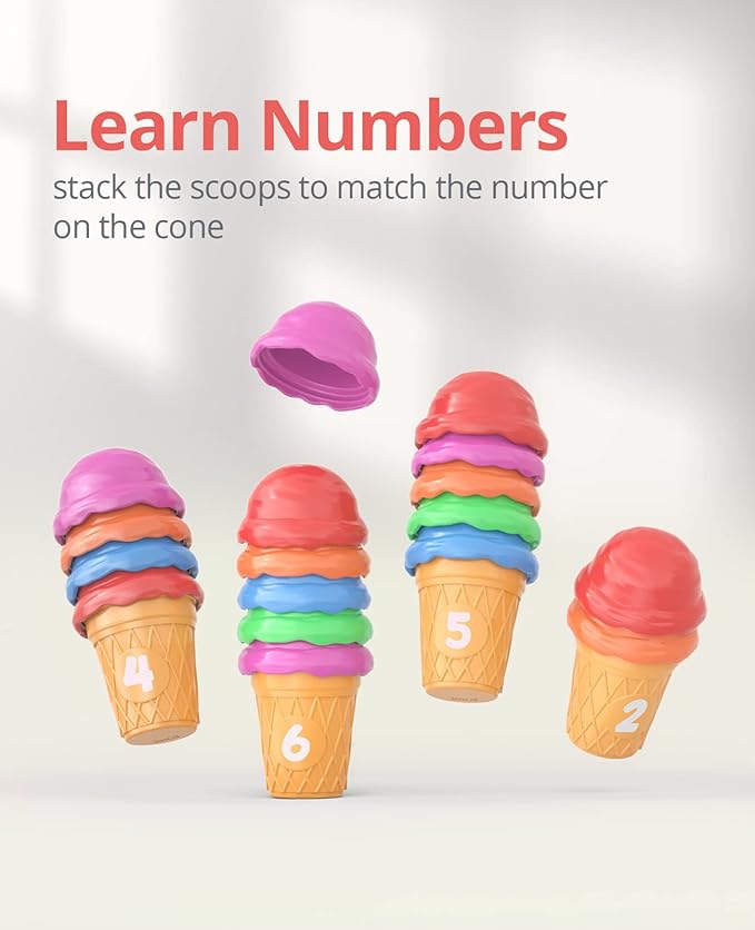JoyCat Ice Cream Preschool Learning Activities Counting and Color Sorting Set Stacking Toys for Kids 3-5, Educational Fine Motor Skills Toys, 65PCS Math Manipulatives Resources Food for Valentine Gift