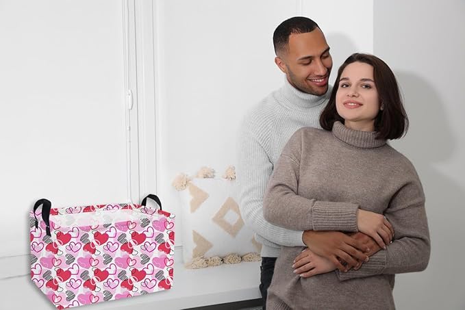 Essme Rectangular Valentine's Day Basket,Pink Heart Storage Bins Organizer with Handles for Girls Room Decor, Gift Basket,Shelf Basket.(Around Love)