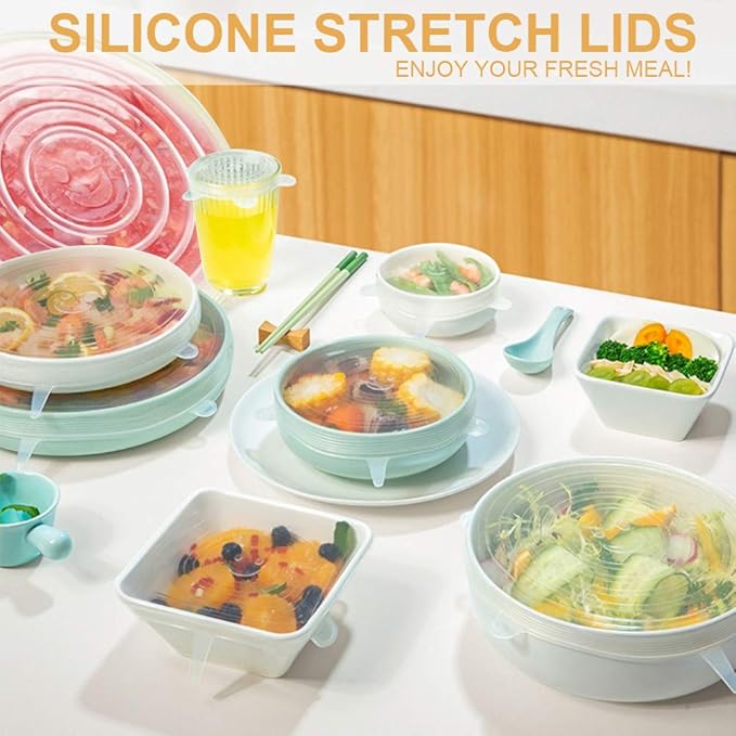 LELE LIFE 4 Pack Same Size Silicone Stretch Lids, Thicker Reusable Sturdy Silicone Container Cover, Expandable Food Storage Covers, Dishwasher and Freezer Safe, 6.5in(16.5cm)