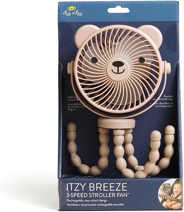 Itzy Ritzy Stroller Accessory - Features 360 Degree Swivel Design, Tilting & Flexible, Easy-Attach Wraparound Legs (Bear) - 3-Speed Stroller Fan