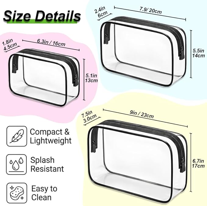 3 PCS Clear Travel Toiletries Bag, CAA Approved Waterproof Toiletry Bags, Clear Makeup Bags PVC Cosmetic Bag, Travel Essentials