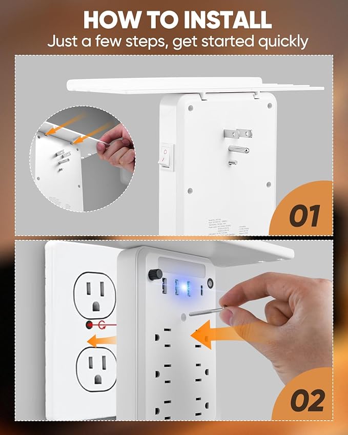 Saker Multi-Plug Outlet with Night Light,Wall Outlet Extender Surge Protector with 6 AC Outlets, 4 USB Ports(1 USB C), Overtop Power Charger with Outlet Shelf for Homes and Dormitories