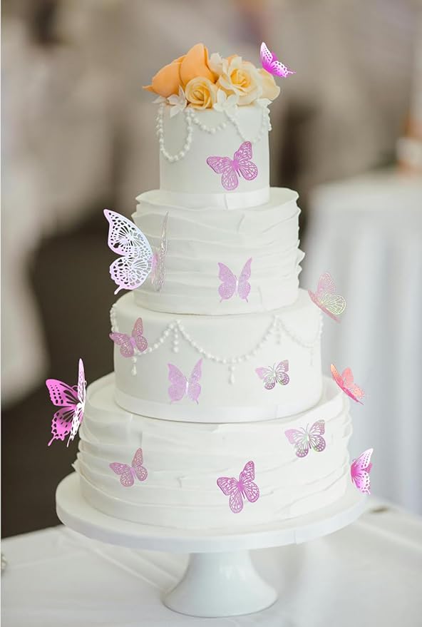 JOSDIOX 3D Laser Pink Butterfly Wall Stickers - 48 Pcs with 4 Styles & 3 Sizes, Removable Decor for Party Birthday Wedding Cake Balloon Decoration(48 Laser Pink)
