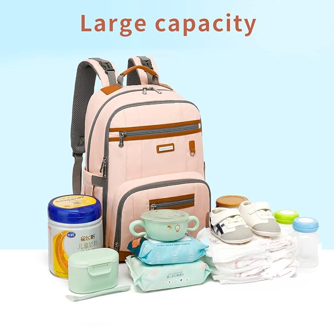 BILLITON MASHI Diaper Bag Backpack, Large Baby Nappy Bags with Portable Changing Pad for Boys and GirlsMultifunction Travel Baby Bag for Moms Dads, Shower Gifts Waterproof and Stylish,Light Powder