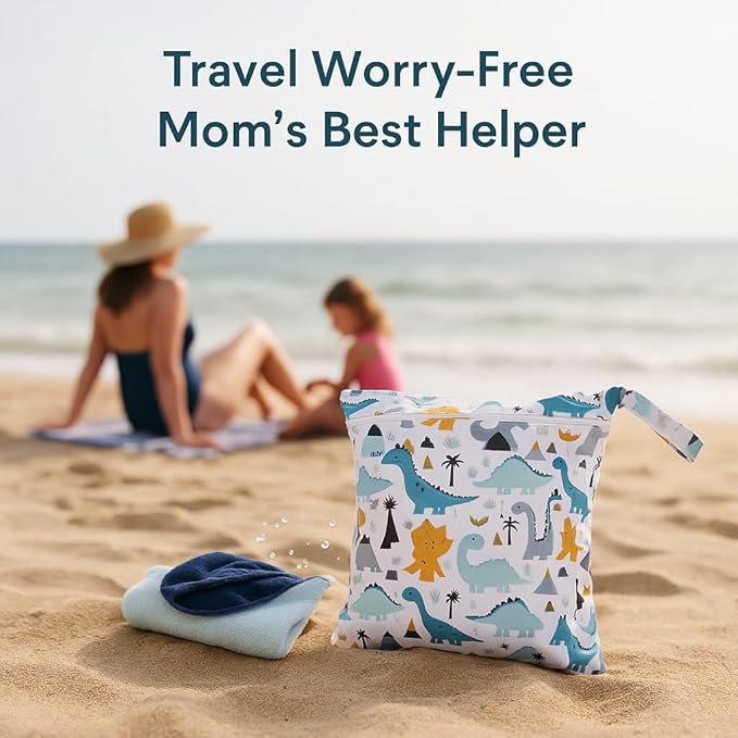 FANALALA Waterproof Wet Dry Bag, Reusable Diaper Pouch with Zipper, Machine Washable Travel Organizer for Beach, Daycare, Kids, Dinosaur Pattern (White Dino)