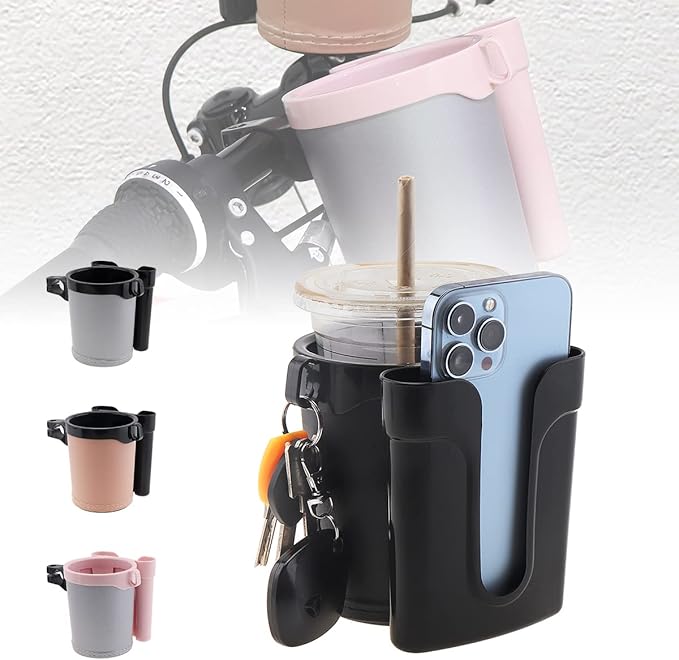 Tobefore Bike Cup Holder ABS+PU Leather with Phone Mount and Keys Hook,Adjustable Drink Holder for Bicycle Handlebar,Universal Coffee Cup Holder for Bicycle, Wheelchair, Scooter and Walker(Black)