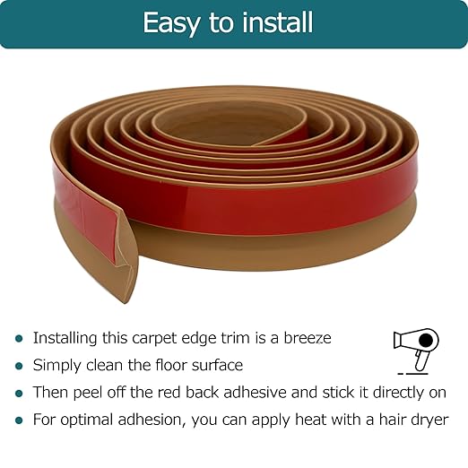 Tintvent Carpet Floor Transition Strip, Self-Adhesive Carpet to Tile Transition Edging Trim Suitable for Door Threshold/Wood Floor, Cover Height Within 5mm – Brown(20Ft)