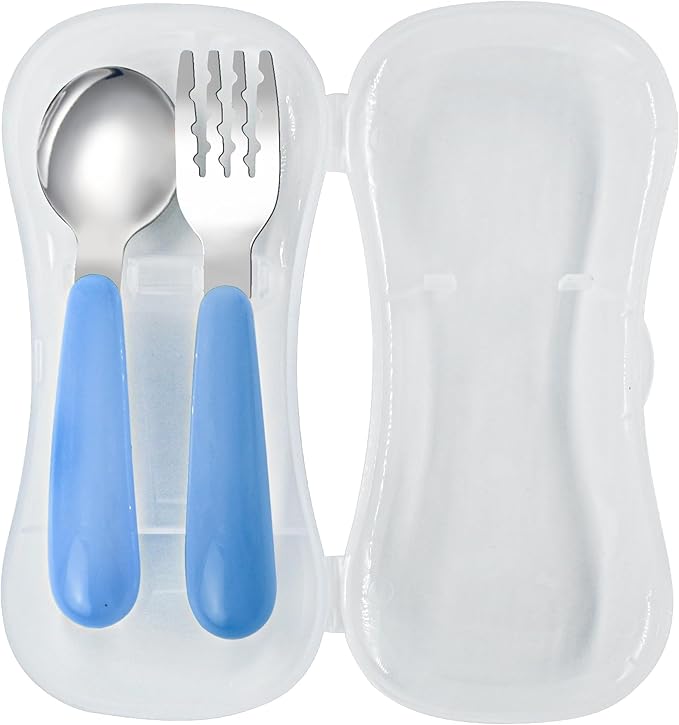 VANRA 2 Pieces Toddler Fork and Spoon Set with Travel Case 18/8 Stainless Steel Toddler Utensils Kids Silverware Children Flatware Child Cutlery Set for School Lunch Box (Blue)