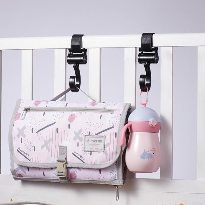 SUNVENO Stroller Hooks 2 Pack, 360° Rotating Universal Stroller Clips with Adjustable Straps, Heavy Duty Bag Holders for Diaper Bags, Purses, Groceries and Travel Use