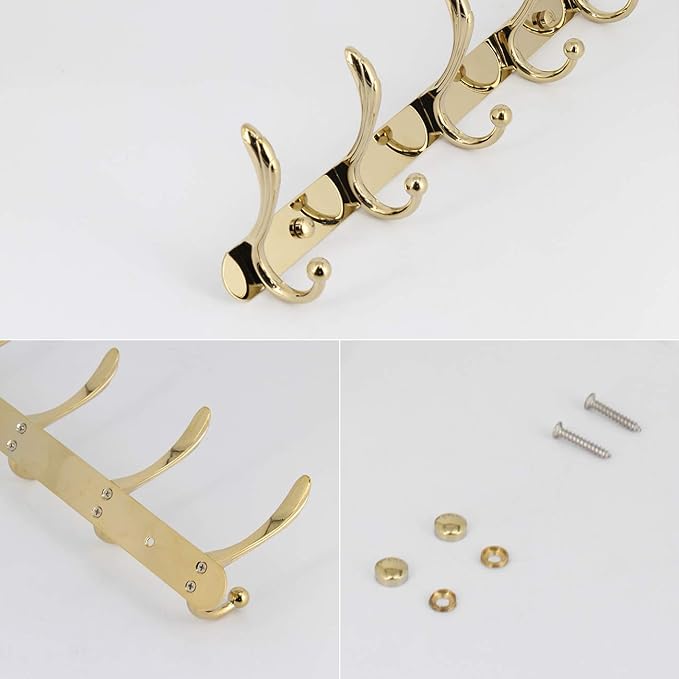 kimzcn Coat Rack Wall Mounted - 5 Tri Hooks, Heavy Duty, Metal Coat Hook Rail for Coat Hat Towel Purse Robes Mudroom Bathroom Entryway, Gold