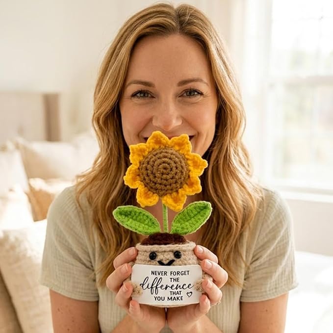 Tiny Detalles Birthday Gifts for Women - Mini Positive Crochet Sunflower, Gifts for Mom from Daughter Son on Mothers Day, Thank You Gifts for Teacher, Coworker, Friends and Sunflower Decor