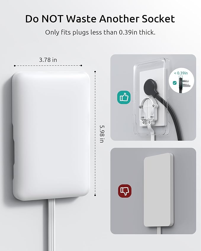 1.5ft Short Extension Cord with 3 Outlets, Flat Wall Plug & Flush Outlet Cover, 900J Surge Protection, 13A/1625W, ETL Listed, White Outlet Extender Fits Behind Furniture, Dresser, TV, Couch