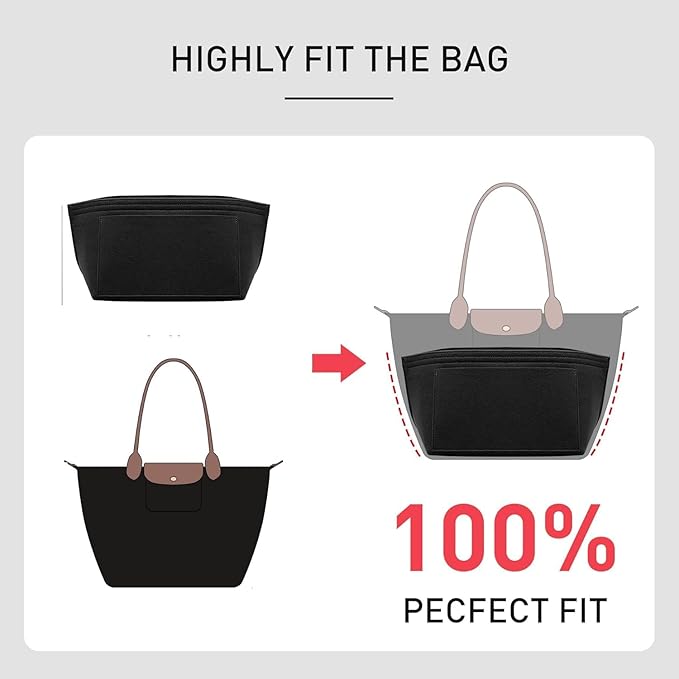 Felt Purse Organizer Insert Compatible with Longchamp Le Pliage S Hangbag, Zipper Long Champ Small Handbag Organizer with Cup Holder, 7 Compartments Bag Insert(Black,S)
