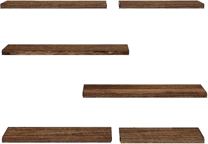 AMADA HOMEFURNISHING Long Wall Shelves, Rustic Farmhouse Style, Wood Floating Shelves for Wall Decor, Bathroom & Bedroom Storage, Living Room Book Shelves, Brown - 6pcs