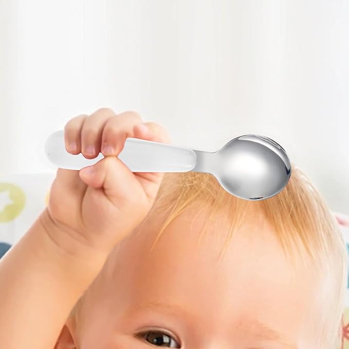 VANRA 2 Pieces Toddler Fork and Spoon Set with Travel Case 18/8 Stainless Steel Toddler Utensils Kids Silverware Children Flatware Child Cutlery Set for School Lunch Box (White)