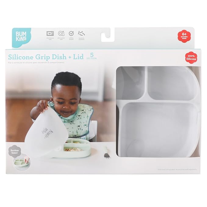 Bumkins Toddler and Baby Suction Plate, Silicone Divided Grip Dish and Lid, Large 5-Section Tray for Kids, Essentials in Children Feeding Supplies, Non Skid Stick Bottom, for Ages 6 Months Up, Marble