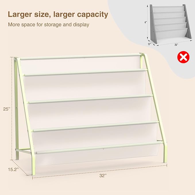 High-Transparent 4 Tier Kids Bookshelf, Sturdy Metal Large Size Book Rack Storage for Kid - Toddler Book Shelf Display for Nurasery, Playroom or Kids Room, Bookshelf Hold More Books - Green