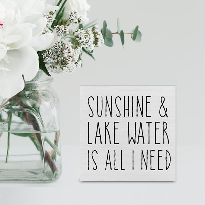 Country Lake Themed Wood Box Sign Decor Desk Sign Sunshine and Lake Water is All I Need Wooden Box Block Sign Summer Rustic Home Shelf Wall Decoration