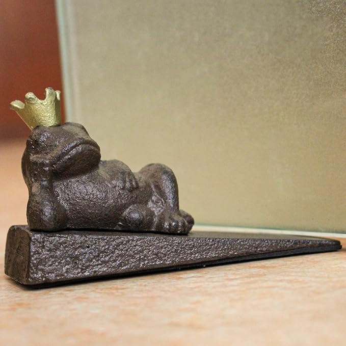 Earl Diamond Heavy Duty Cast Iron Cute Crown Frog Door Stops | Decorative Cute Animal Statue Metal Door Stopper Wedge, with Non-Slip Mat for Home Office Commercial