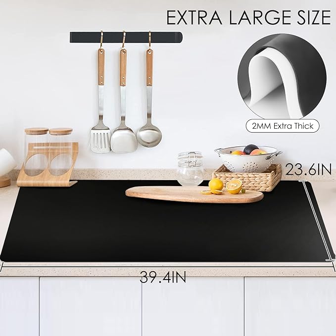 Extra Large Silicone Mat for Kitchen Counter 39.4"x23.6" Silicone Table Mat for Resin Workbench Mat Heat Resistant Mat Coffee BarMat, Black Thick 2MM