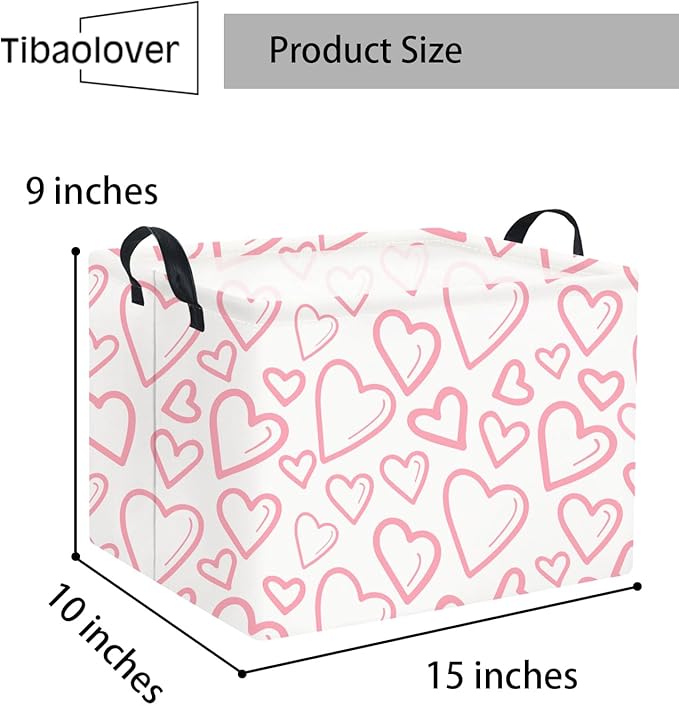 TIBAOLOVER Rectangular Valentines Basket for Home Kitchen Girls Cute Kids Storage Bin Organizer Shelf Book Room Decor(Pink Line Hearts)