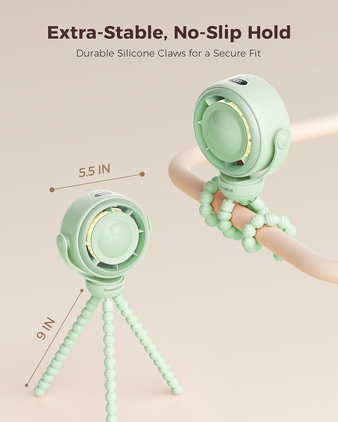 SWEETFULL Baby Stroller Fan - 4000mAh Rechargeable 4-Speed Quiet with LED Display & Night Light, Mini Portable 360° Clip On Safe Fan for Car Seat, Crib, Travel - Green
