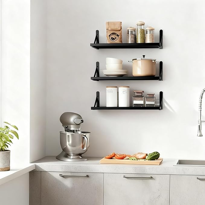 Fixwal Floating Shelves for Wall, Wood Wall Mounted Shelves for Bedroom, Bathroom, Living Room, Kitchen Storage and Decor(Black, Set of 3, 16.5 Inch)