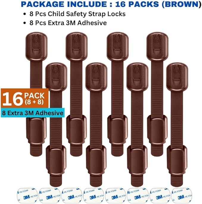 Child Proofing Safety Locks - 8 Pcs Baby Proof Lock with 8 Extra 3M Adhesives -Adjustable Flexible Strap Latches to Cabinet, Cupboard, Drawer, Fridge, Toilet-Seat, Oven, Closet Seat, Door,Window-Brown