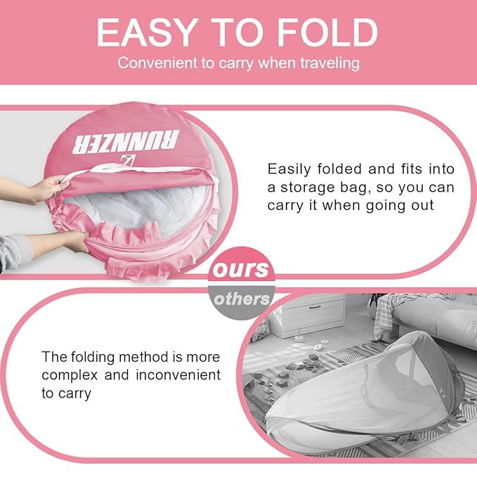L RUNNZER Baby Pop Up Tent Cover Crib, Pink Crib Tent to Keep Baby in,See Through Crib and Nursery Soft Mesh Cover(55.2" L x 27.6" W x 51.6" H)