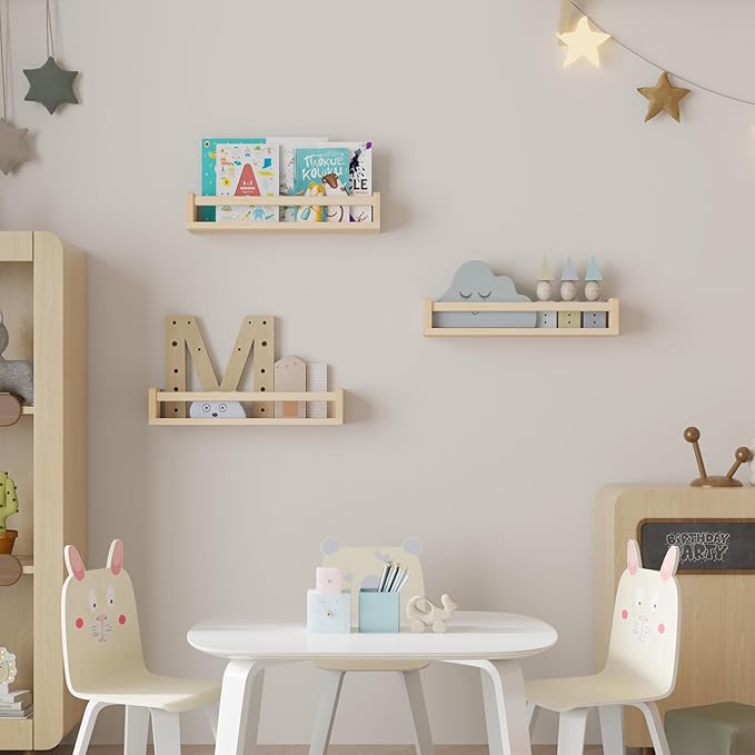 Heimlove Nursery Floating Shelves, Solid Wood Nursery Book Shelves for Wall, 16 inch Bookshelf for Kids, Mounted Shelves for Books,Toys and Decor Storage, Set of 2