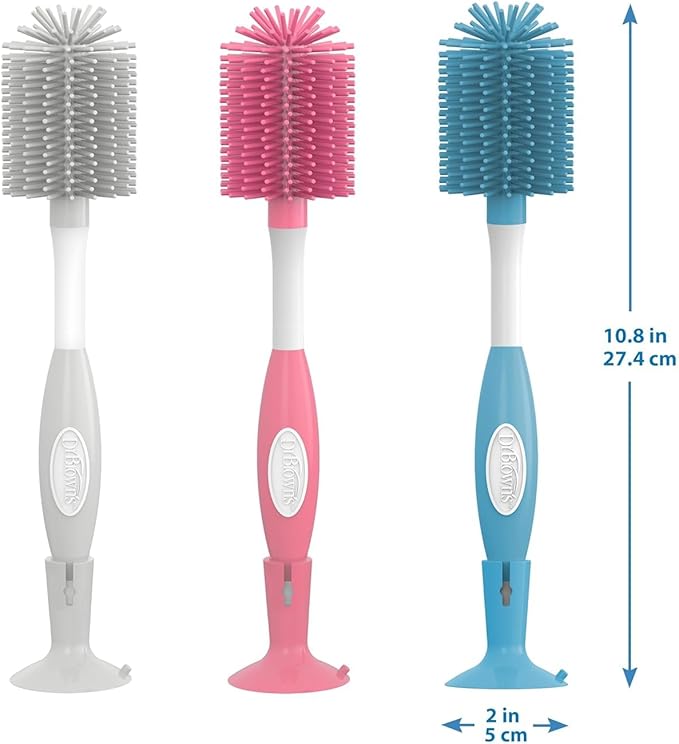 Dr. Brown's Silicone Cleaning Brush Set with Bottle, Spout, and Straw Brush, 3-Pack + Soft Touch No Scratch Baby Bottle Cleaning Brush, Blue