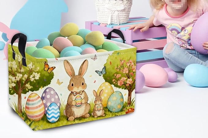 Essme Rectangular Easter Basket, Kids Storage bin Organizer with Handles for Easter Decor,Shelf Basket,Toy Organizer,Easter Baskets.(Cute Easter Basket)