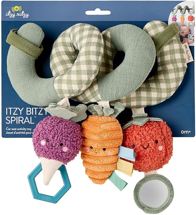 Itzy Ritzy Spiral Car Seat & Stroller Activity Toy - Stroller & Car Seat Toys for Ages 0 Months and Up - Hanging Toys Include Dangling Ring, Mirror and Textured Ribbons (Veggie)
