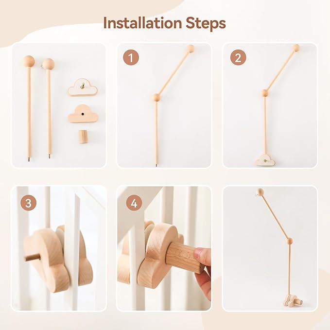 OESSUF Baby Crib Mobile Arm, 24 Inch Adjustable Wood Hanger, White Cloud Design, Nursery Mobile Holder for Cot Bed (Wooden)