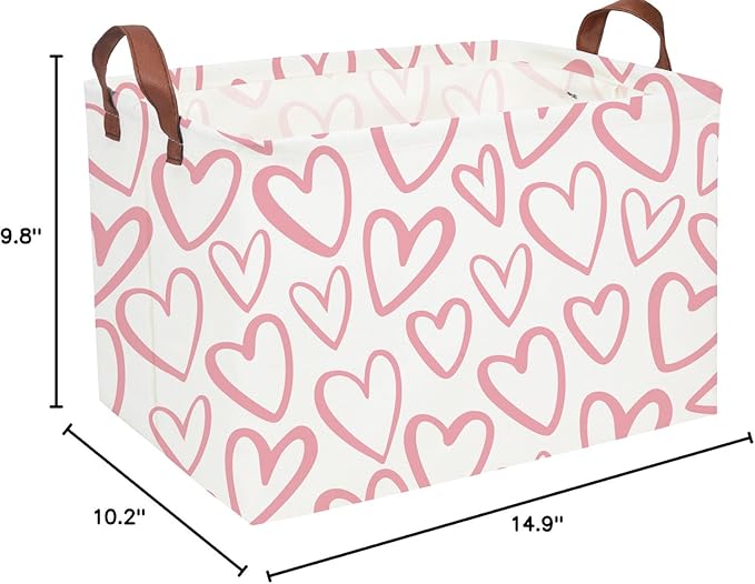 Essme Rectangular Pink Baskets Girls Storage Box,Cute Heart Storage Bins Organizer with Handles for Girls Room Decor,Easter Basket,Shelf Basket,Toy Organizer(Pink Love)