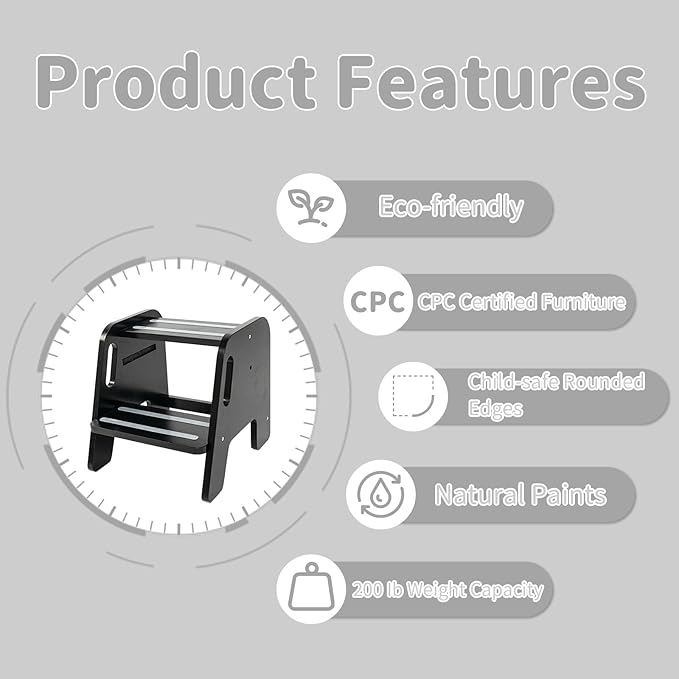 WOOD CITY Toddler Step Stool, Wooden 2 Step Stools for Bathroom Sink Potty Training Kitchen Dual Height Stool Helper for Kids Bonus Non-Slip Pads and Handles for Safety (Black)