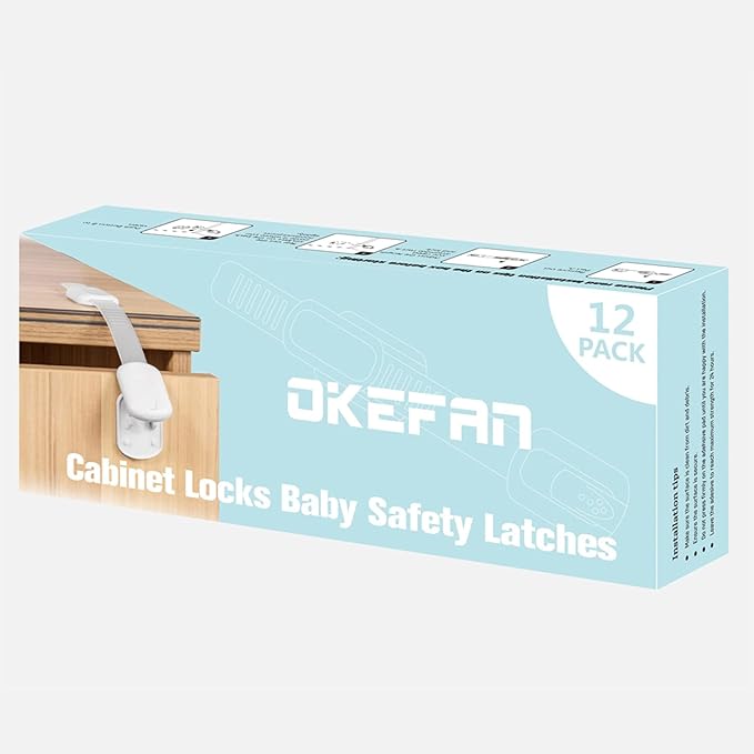 Child Safety Cabinet Strap Locks - OKEFAN 12 Pack Baby Proofing Adhesive Latches for Kids Drawer Cupboard Dishwasher Fridge Oven Door No Drill (White)