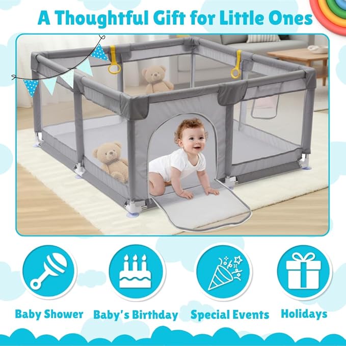 Baby Playpen for Babies & Toddlers, Large Playpen with Breathable Mesh, Anti-Slip Suction Cups, Zipper Door, Portable Indoor Outdoor Baby Play Yard with Balls & Storage Bag