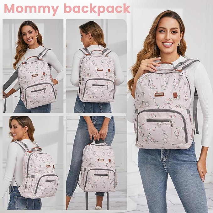BILLITON MASHI Diaper Bag Backpack, Large Baby Nappy Bags with Portable Changing Pad for Boys and GirlsMultifunction Travel Baby Bag for Moms Dads, Shower Gifts Waterproof and Stylish,Flower Pink