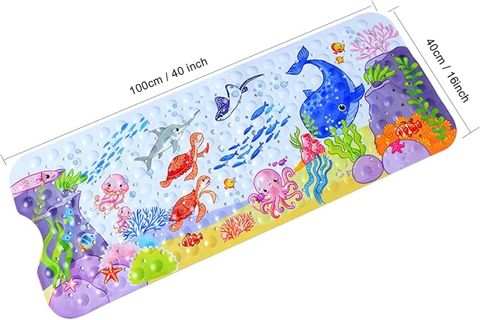 Non-Slip Bath Mat for Kids - Cartoon Sea Animal Shower Mat with Anti-Slip Suction Cups, Machine Washable - 40 x 16 Inch, 100 x 40cm - Whales