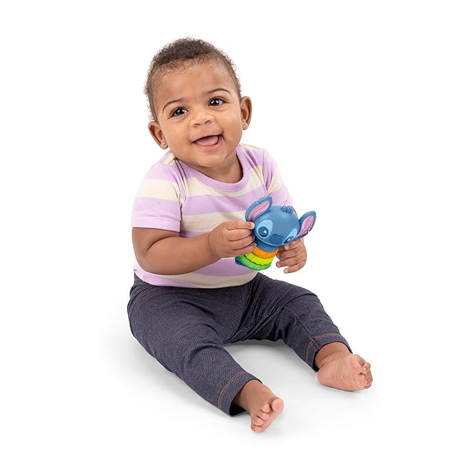 Bright Starts Disney Baby Stitch Twist-a-Stitch Fidget Toy with Textured Rings and Rattle Beads, On The Go Toy for Newborns & Up