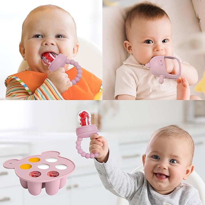 Baby Fruit Feeder & Breastmilk Popsicle Mold Set – 3 Pack Silicone Teething Relief Kit with Food Feeder Pacifier, Freezer Tray with Lid & Baby Teether (Blush)