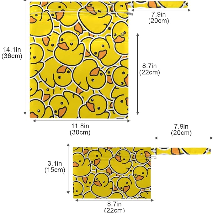 visesunny Cute Yellow Duck Cartoon Animal 2Pcs Wet Bag with Zippered Pockets Washable Reusable Roomy for Travel,Beach,Pool,Daycare,Stroller,Diapers,Dirty Gym Clothes, Wet Swimsuits, Toiletries
