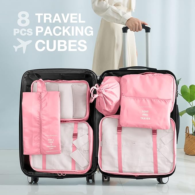 8 Set Packing Cubes for Suitcases,Packing Cube with Shoe, Cosmetics, Clothing, and Accessories Bags Packing Cubes for Travel Luggage Organizer Women Men (Pink)