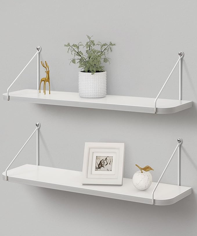 Afuly White Floating Shelves, 24 inch Long Shelves for Wall, Hanging Storage Shelf for Kitchen Bedroom Living Room, Wood Chic Wall Decor, Set of 2