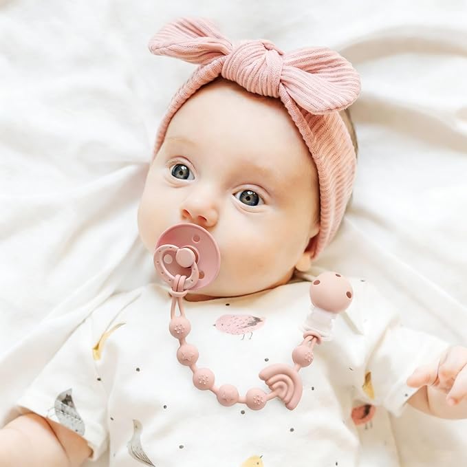 Baby Pacifier Clips One Piece Binky Clip Holder Silicone Teether Clip Pacifier Straps with Clip Baby Teether Toys for Boys and Girls Set of 3 Andy Bear-Ivory+Sage+Blush